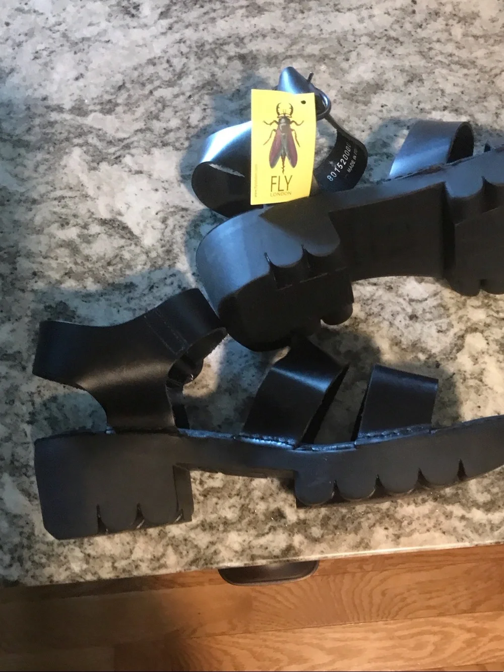 Fly London Black Leather Wedge Sandals